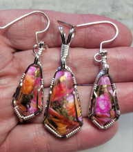 Load image into Gallery viewer, Custom Wire Wrapped Peruvian Pink Opal Spiney Oyster &amp; Bronze Set: Pendant/Necklace Earrings Sterling Silver