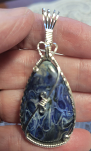 Custom Wire Wrapped Blue Agatized Palm Wood Necklace/Pendant Sterling Silver