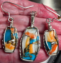 Load image into Gallery viewer, Custom Cut Polished &amp; Wire Wrapped Spiney Oyster &amp; Turquoise Set: Necklace/Pendant Earrings Sterling Silver