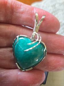 Custom Wire Wrapped Amazonite Heart Morefield Mine Amelia Cty VA Necklace/Pendant Sterling Silver