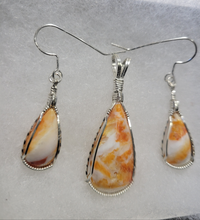 Load image into Gallery viewer, Custom Cut Polished &amp; Wire Wrapped Orange Spiney Oyster Set: Necklace/Pendant Earrings in Sterling Silver