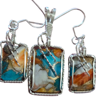 Load image into Gallery viewer, Custom Wire Wrapped Spiney Oyster Turquoise &amp; Bronze Set: Necklace/Pendant Earrings Sterling Silver