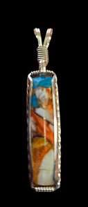 Custom Cut Polished & Wire Wrapped Kingman Turquoise Spiney Oyster & Bronze Necklace/Pendant Sterling Silver