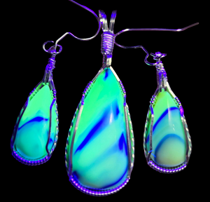 Custom Cut Polished & Wire Wrapped Uranium Glass Slag Set Necklace/Pendant Earrings Sterling Silver