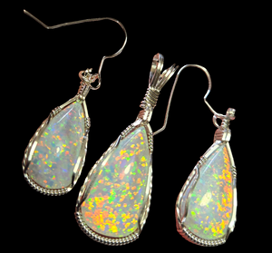 Custom Cut Polished & Wire Wrapped Synthetic Opal Set: Necklace/Pendant Earrings Sterling Silver