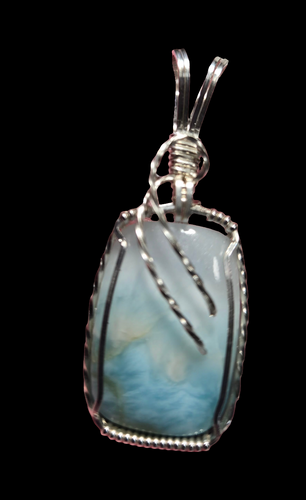 Custom Cut Polished & Wire Wrapped Larimar Necklace/Pendant Sterling Silver