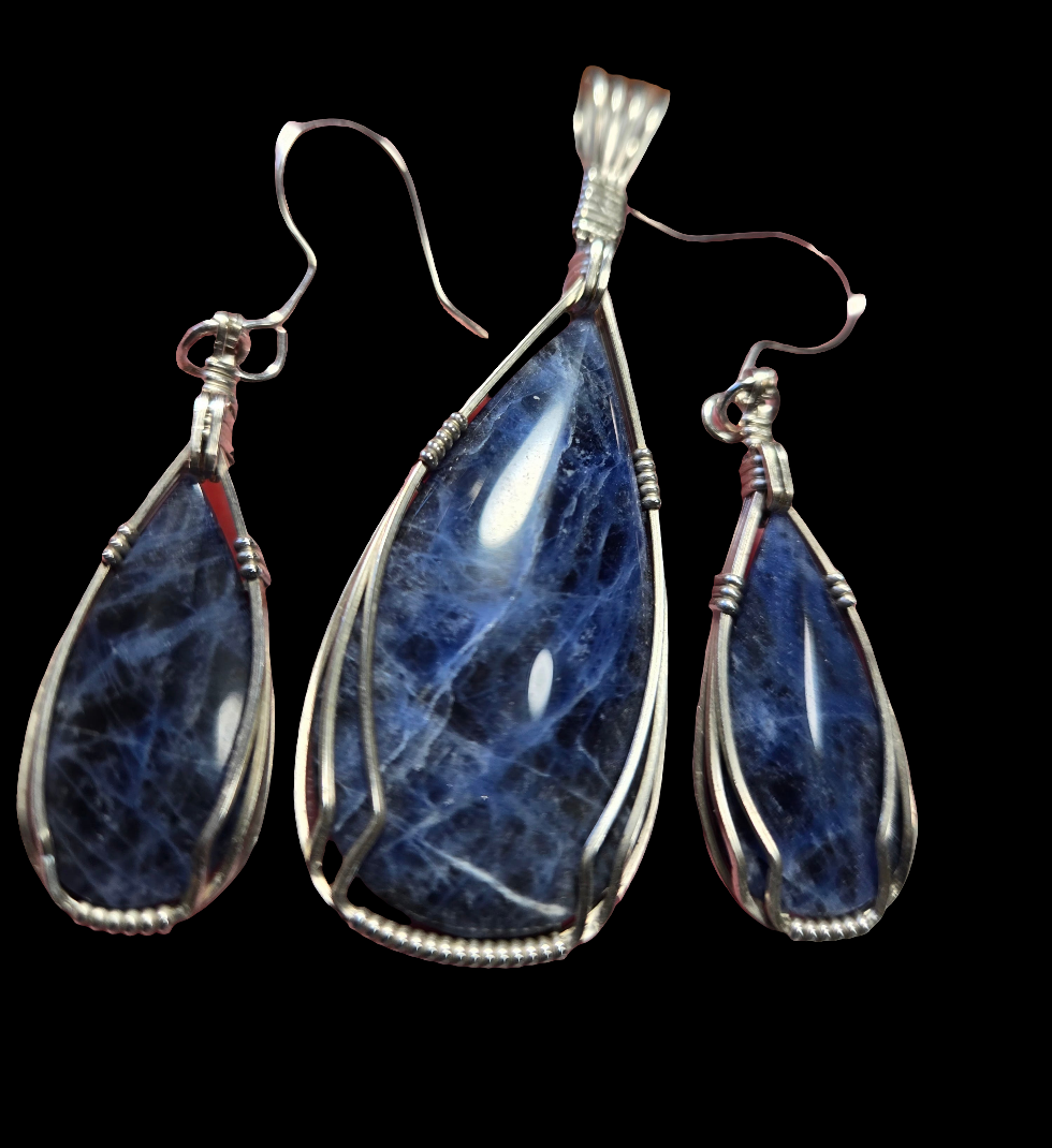 Custom Cut Polished & Wire Wrapped Sodalite Set: Necklace/Pendant Earrings Sterling Silver