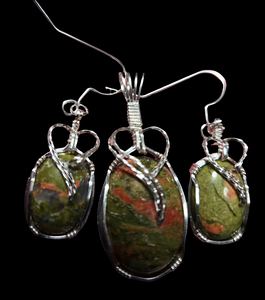 Custom Wire Wrapped Ms Virginia Unakite Set: Necklace/Pendant Earrings  Sterling Silver