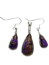 Load image into Gallery viewer, Custom Wire Wrapped Purple Mojave Turquoise Abalone Shell &amp; Bronze Set: Earrings Necklace/Pendant Sterling Silver