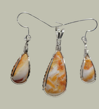 Load image into Gallery viewer, Custom Cut Polished &amp; Wire Wrapped Orange Spiney Oyster Set: Necklace/Pendant Earrings in Sterling Silver