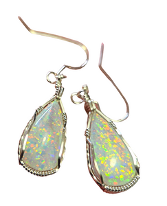 Custom Cut Polished & Wire Wrapped Synthetic Opal Set: Necklace/Pendant Earrings Sterling Silver