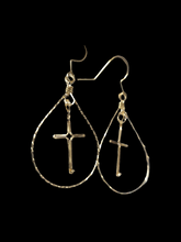 Load image into Gallery viewer, Custom Wire Wrapped Cross Oval Hooped Earrings 14kgf