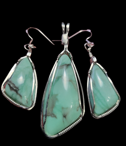 Custom Wire Wrapped Green Variscite Set: Necklace/Pendant Earrings Sterling Silver