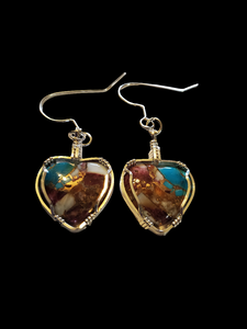 Custom Wire Wrapped Turquoise Oyster & Copper Heart Sterling Silver Earrings