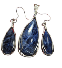 Load image into Gallery viewer, Custom Cut Polished &amp; Wire Wrapped Sodalite Set: Necklace/Pendant Earrings Sterling Silver