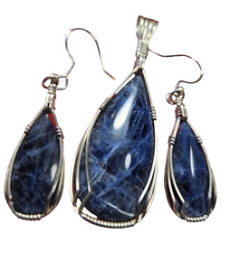 Custom Cut Polished & Wire Wrapped Sodalite Set: Necklace/Pendant Earrings Sterling Silver