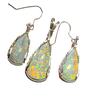 Custom Cut Polished & Wire Wrapped Synthetic Opal Set: Necklace/Pendant Earrings Sterling Silver