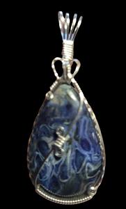 Custom Wire Wrapped Blue Agatized Palm Wood Necklace/Pendant Sterling Silver