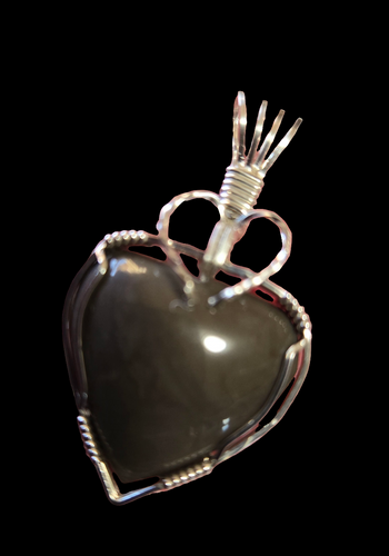 Custom Cut Polished & Wire Wrapped Gray Hokie Stone Heart Virginia Tech Necklace/Pendant Sterling Silver