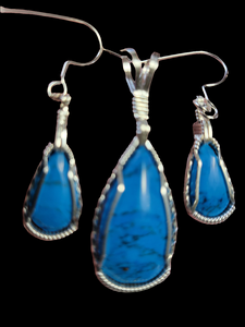 Custom Wire Wrapped Kingman Turquoise Set: Earrings. Necklace/Pendant Sterling Silver