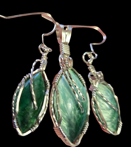 Custom Cut Polished & Wire Wrapped Green Bridewell Stone Set: Necklace/Pendant Earrings Sterling Silver