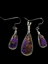 Load image into Gallery viewer, Custom Wire Wrapped Purple Mojave Turquoise Abalone Shell &amp; Bronze Set: Earrings Necklace/Pendant Sterling Silver