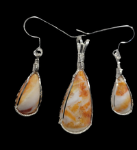 Load image into Gallery viewer, Custom Cut Polished &amp; Wire Wrapped Orange Spiney Oyster Set: Necklace/Pendant Earrings in Sterling Silver