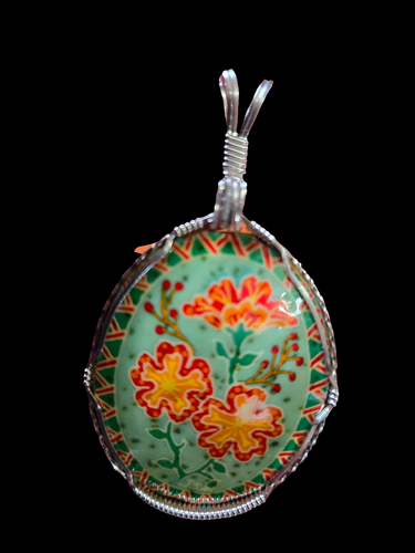 Custom Wire Wrapped Hand Painted Ostrich Egg Shell Necklace/Pendant Sterling Silver