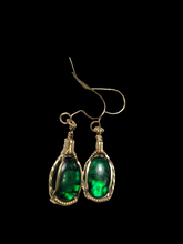 Load image into Gallery viewer, Custom Wire Wrapped Green Paua Shell Earrings 14kgf