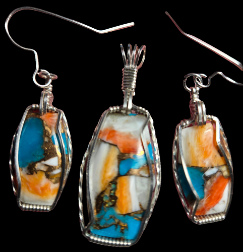 Custom Cut Polished & Wire Wrapped Spiney Oyster & Turquoise Set: Necklace/Pendant Earrings Sterling Silver