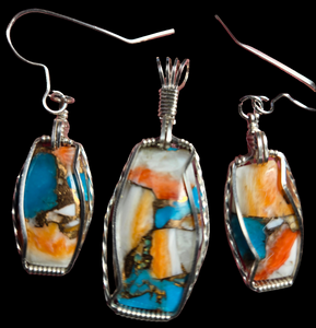 Custom Cut Polished & Wire Wrapped Spiney Oyster & Turquoise Set: Necklace/Pendant Earrings Sterling Silver