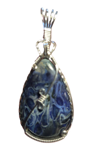 Custom Wire Wrapped Blue Agatized Palm Wood Necklace/Pendant Sterling Silver