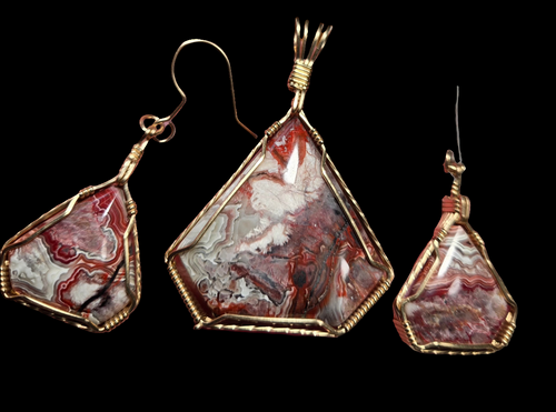 Custom Cut Polished & Wire Wrapped Laguna Agate Set: Necklace/Pendant & Earrings 14kgf