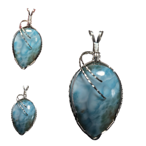 Custom Cut Polished & Wire Wrapped Larimar Necklace/Pendant Sterling Silver