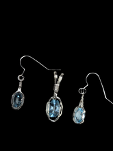 Load image into Gallery viewer, Custom Wire Wrapped Faceted Swiss Blue Topaz Set: Necklace/Pendant Earrings Sterling Silver