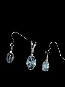 Custom Wire Wrapped Faceted Swiss Blue Topaz Set: Necklace/Pendant Earrings Sterling Silver