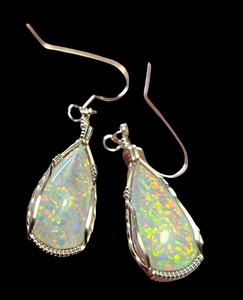 Custom Cut Polished & Wire Wrapped Synthetic Opal Set: Necklace/Pendant Earrings Sterling Silver