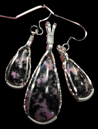 Custom Cut Polished & Wire Wrapped Rhodonite Albemarle County VA Set: Necklace/Pendant Earrings Sterling Silver
