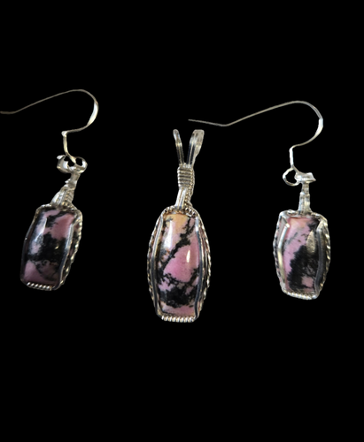 Custom Cut Polished & Wire Wrapped Rhodonite Set Necklace/Pendant Earrings Sterling Silver