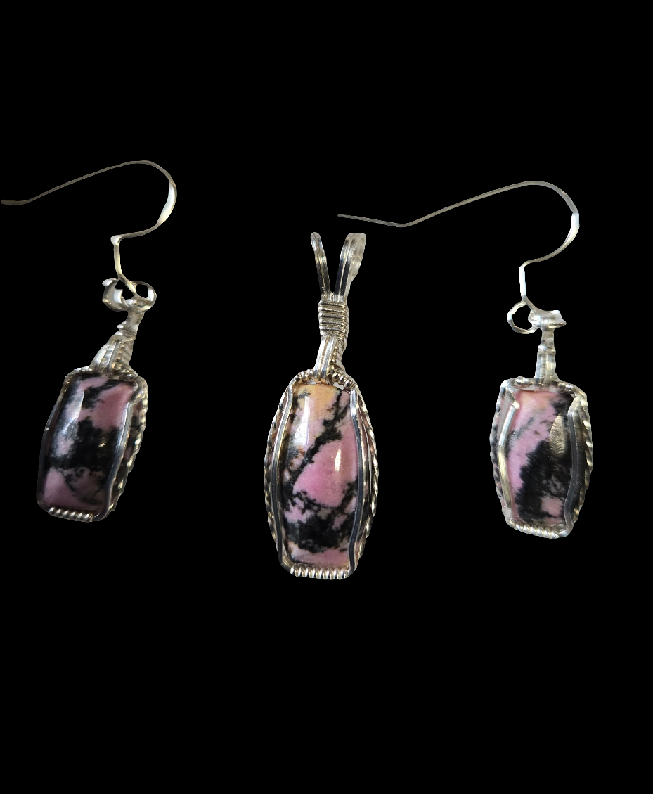 Custom Cut Polished & Wire Wrapped Rhodonite Set Necklace/Pendant Earrings Sterling Silver