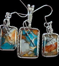 Load image into Gallery viewer, Custom Wire Wrapped Spiney Oyster Turquoise &amp; Bronze Set: Necklace/Pendant Earrings Sterling Silver