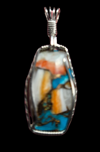 Custom Cut Polished & Wire Wrapped Spiney Oyster & Turquoise Set: Necklace/Pendant Earrings Sterling Silver