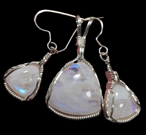 Custom Wire Wrapped Moonstone Set: Earrings Necklace/Pendant Sterling Silver