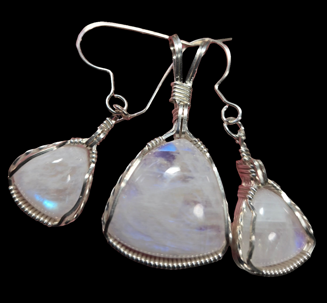 Custom Wire Wrapped Moonstone Set: Earrings Necklace/Pendant Sterling Silver