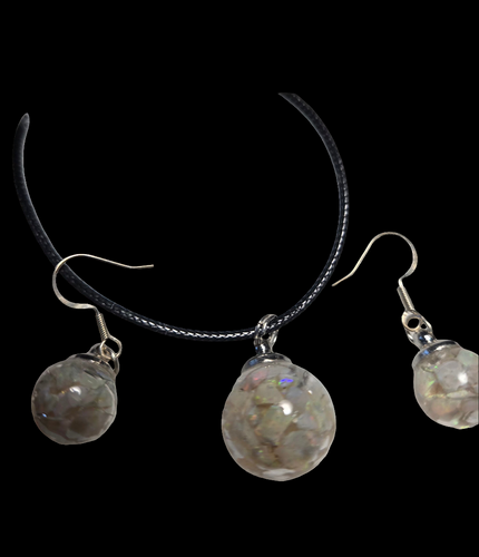 ***SOLD ***Custom Glass Ball Set: Necklace/Pendant Earrings Real Australian opal Chips