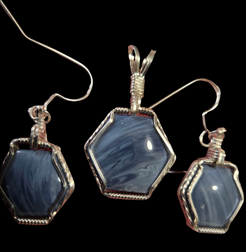 Custom Cut Polished & Wire Wrapped Rebecca Iron Ore Slag Set: Necklace/Pendant Earrings Sterling Silver