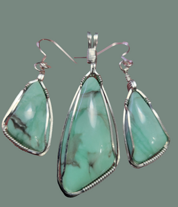 Custom Wire Wrapped Green Variscite Set: Necklace/Pendant Earrings Sterling Silver