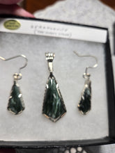 Load image into Gallery viewer, Custom Cut Polished &amp; Wire Wrapped Seraphenite (Angel Stone) Set Necklace/Pendant &amp; Earrings in Sterling Silver