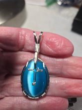 Load image into Gallery viewer, Custom Wire Wrapped Blue Fiberstone (Cats Eye) with Cross Necklace/Pendant Sterling Silver