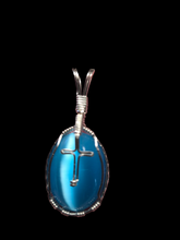 Load image into Gallery viewer, Custom Wire Wrapped Blue Fiberstone (Cats Eye) with Cross Necklace/Pendant Sterling Silver